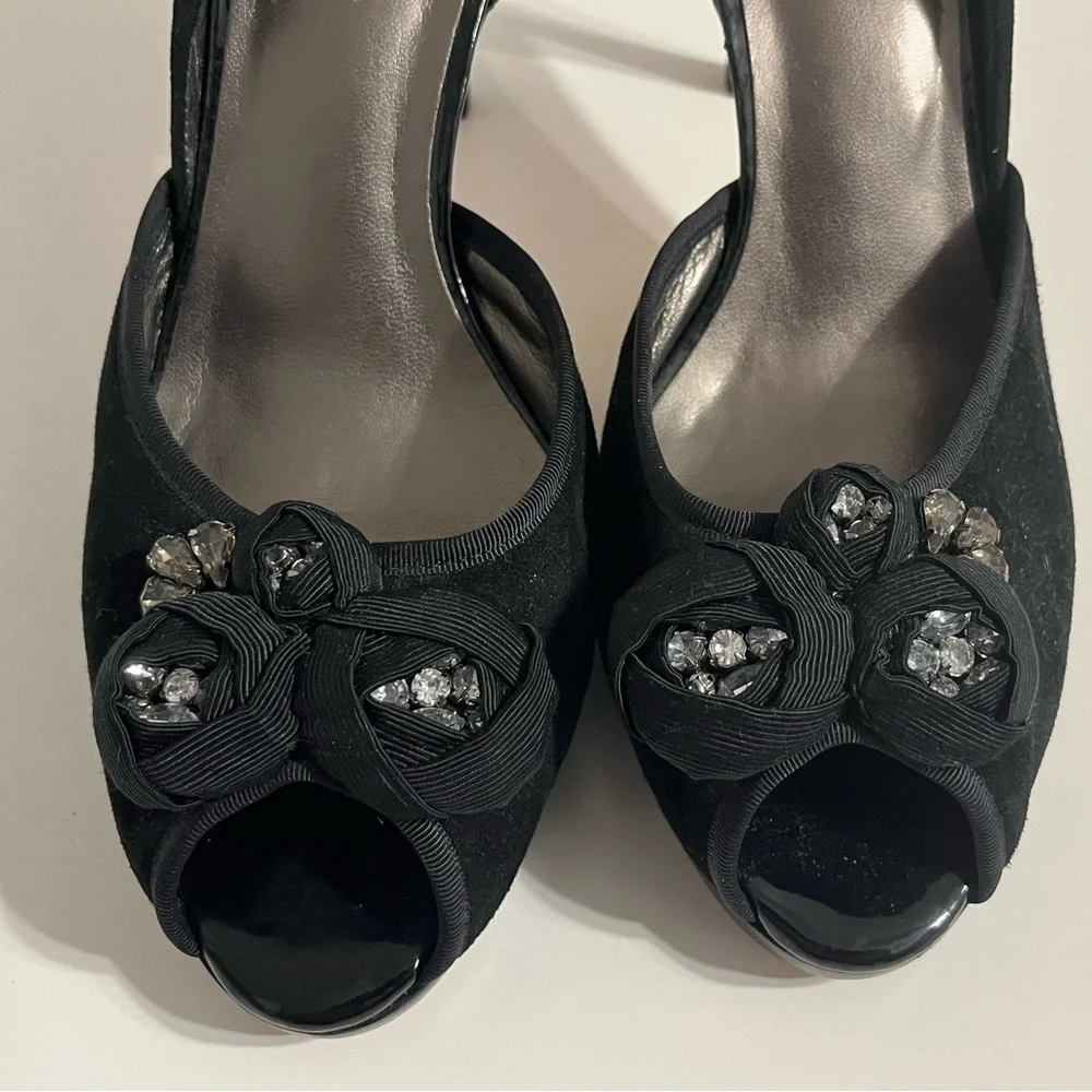 NEW Talbots black crushed velvet peep toe heels floral rhinestone holiday Sz 8.5